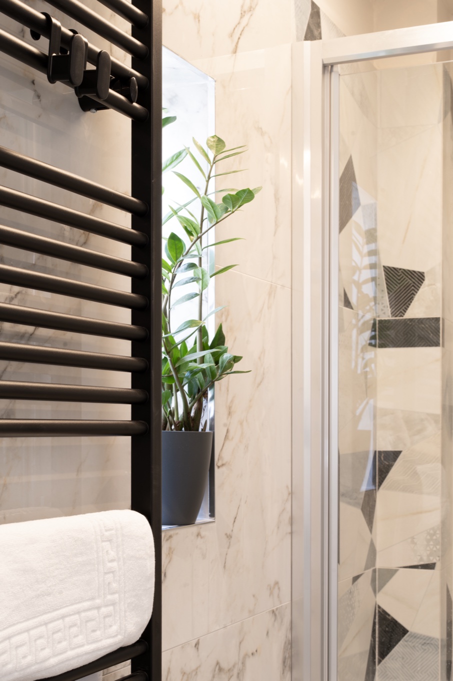 The black heated towel rail beside the shower enclosure, with a plant in the niche