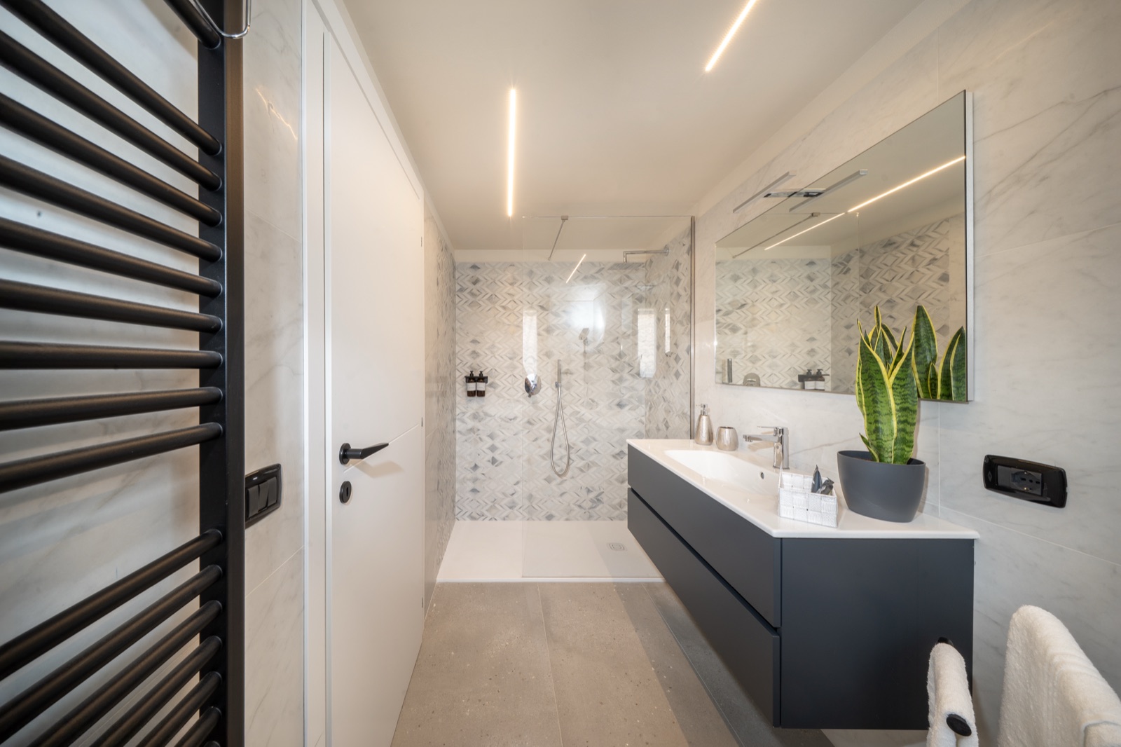 The bathroom with the walk-in shower and the long marble washbasin